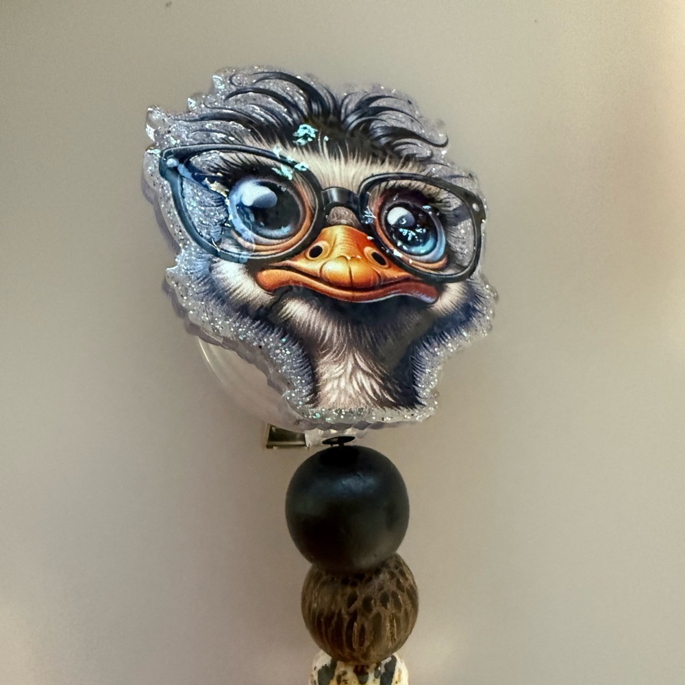 Cute Blue Ostrich Bird badge reel
